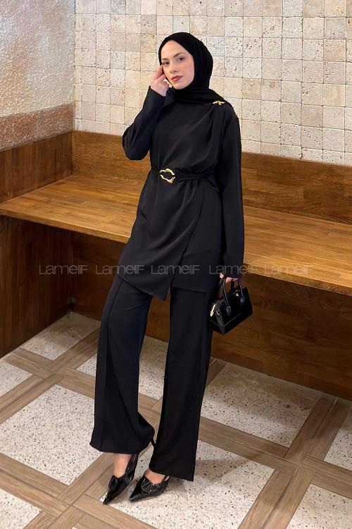 Lamelif Gold Broş Detaylı Pantolonlu Takım Siyah