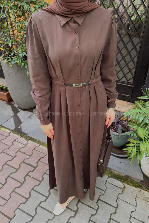 Bitter Brown Shirt Collar Crepe Fabric Unprinted Dresess