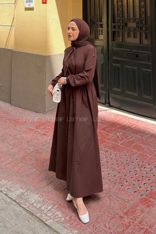 Bitter Brown Foulard Neck Cotton Dresess