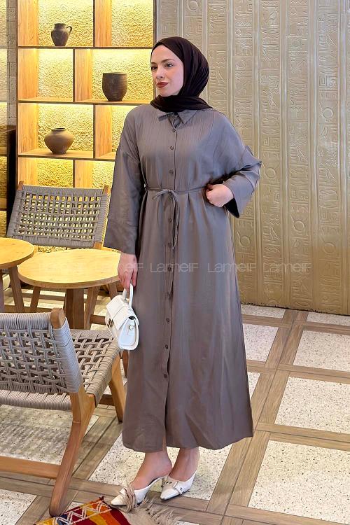 Lamelif Pat Detaylı Elbise Soft Kahve