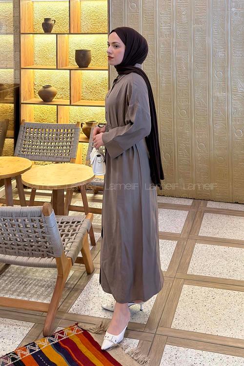 Lamelif Pat Detaylı Elbise Soft Kahve