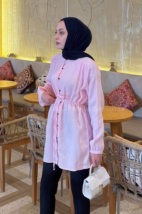 Candy Pink Crew Neck Long Arm Cotton Fabric Shirt