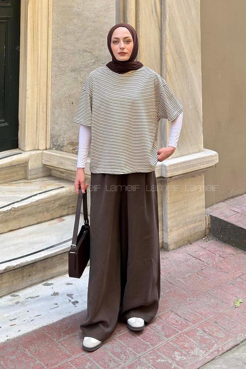 Lamelif Çizgili T-shirt Bej-Kahverengi