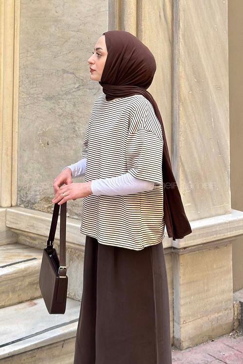 Lamelif Çizgili T-shirt Bej-Kahverengi