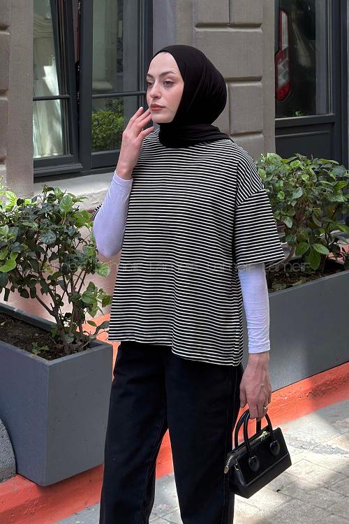Lamelif Çizgili T-shirt Siyah-Ekru