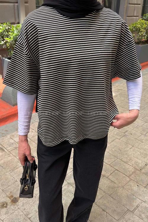 Lamelif Çizgili T-shirt Siyah-Ekru
