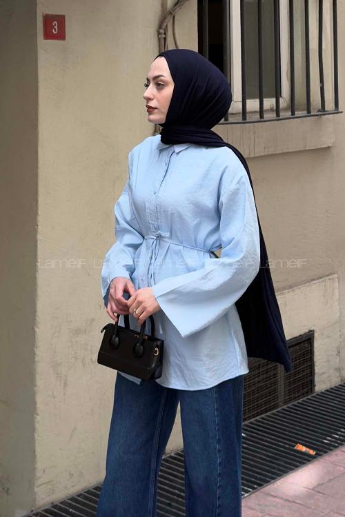 Lamelif Cupra Bağlama Detaylı Gömlek Bebe Mavisi