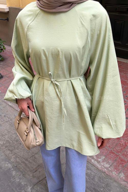 Lamelif Reglan Kol Tesettür Tunik  Mint Yeşili