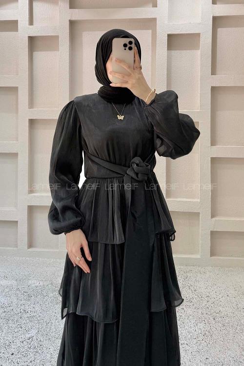 Lamelif Balon Kol Bağlama Detaylı Saten Elbise Siyah