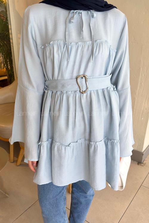 Lamelif Kat Detaylı Bağlamalı Tunik Bebe Mavisi