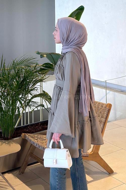 Lamelif Kat Detaylı Bağlamalı Tunik Haki