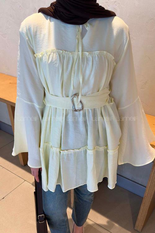 Lamelif Kat Detaylı Bağlamalı Tunik Sarı