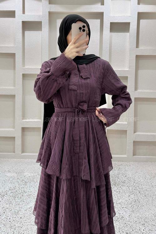 Lamelif Dantel İşlemeli Kat Detaylı Elbise Mürdüm