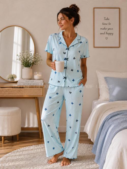 Lamelif Kadın Soft Touch Kelebek  Desenli Pijama Takımı