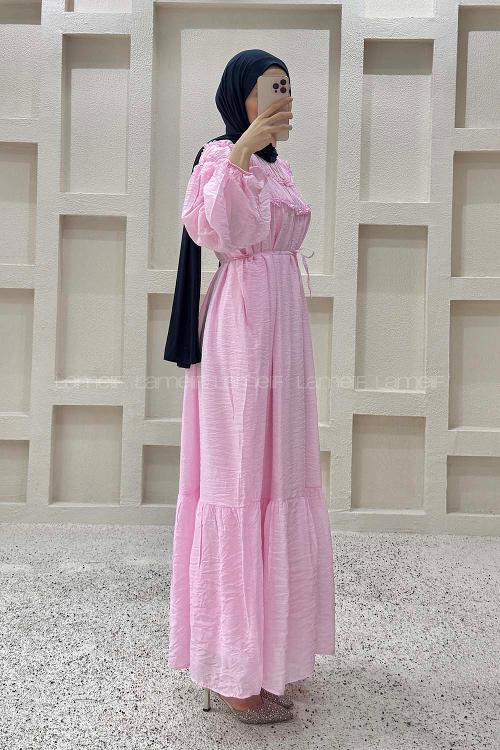 Lamelif Robası Fırfırlı Bağlamalı Elbise Pembe