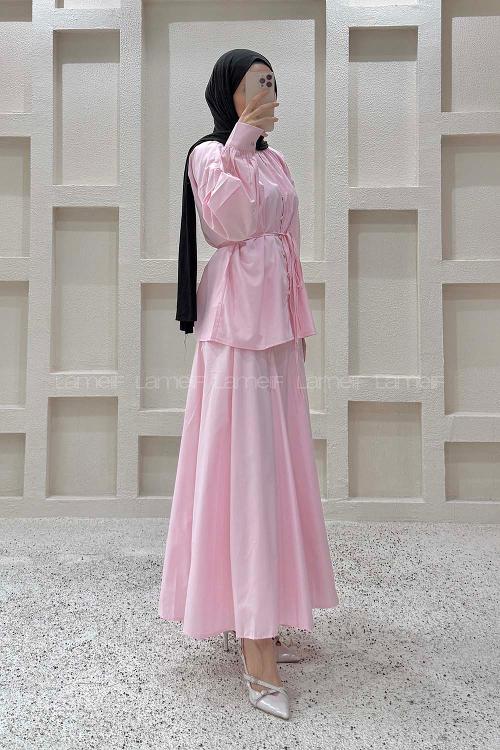 Candy Pink Normal Neck Long Arm Viscose Fabric Straight Skirt Suit