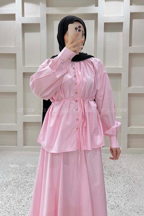 Candy Pink Normal Neck Long Arm Viscose Fabric Straight Skirt Suit