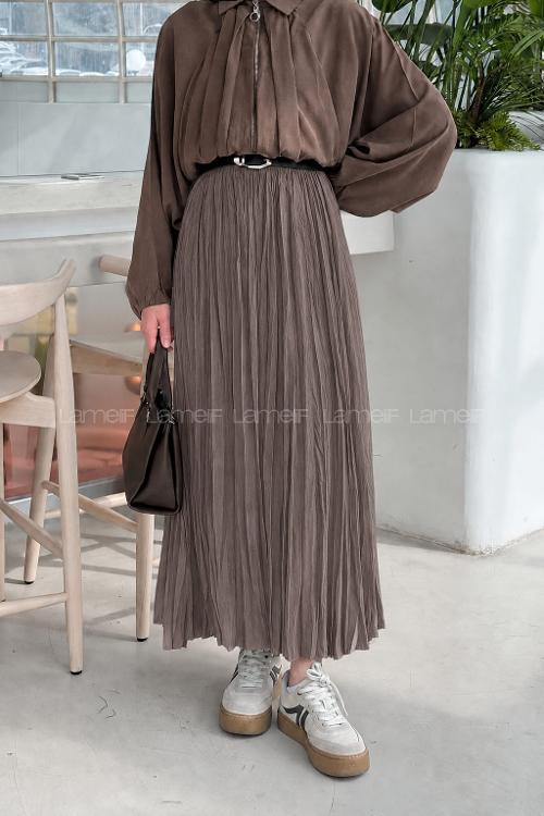 Lamelif Kraşlı Tesettür Etek Soft Kahve