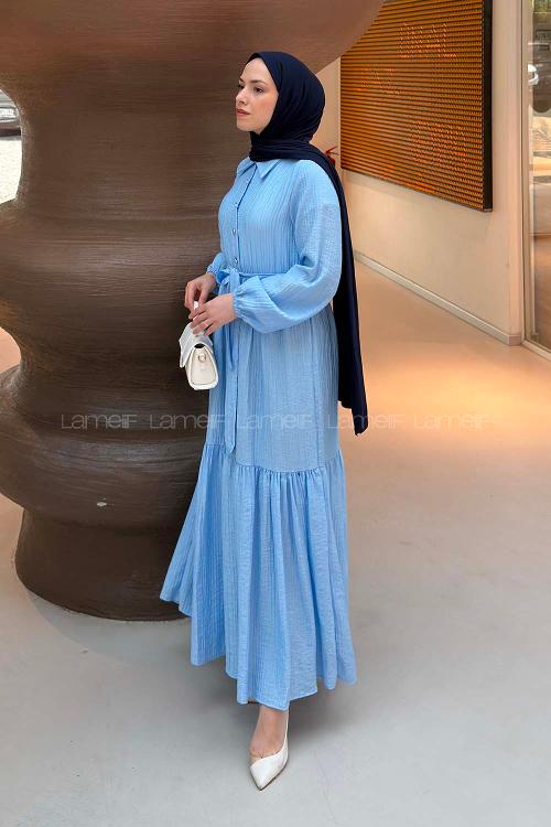 Lamelif Bağlama Detaylı Kat Etekli Elbise Bebe Mavisi
