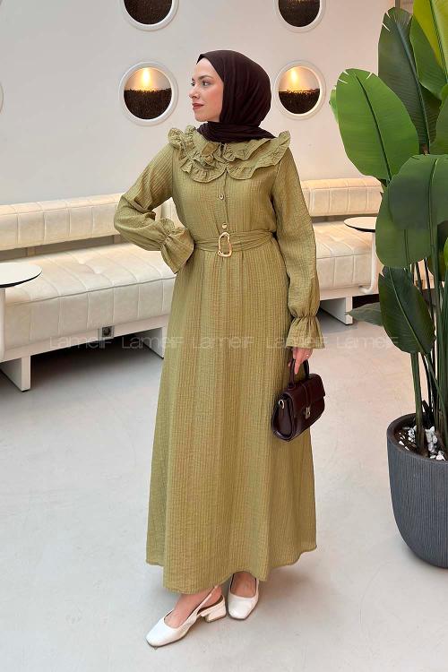 Khaki Loose Crew Neck Ayrobin Unprinted Dresess