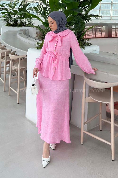 Lamelif Gold Düğmeli Fular Detaylı Etekli Takım Pembe