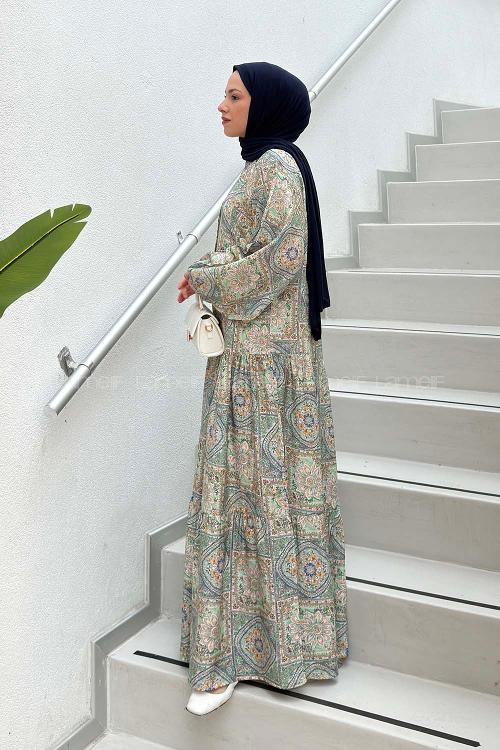 Lamelif Katleya Çiçek Desenli Elbise Yeşil
