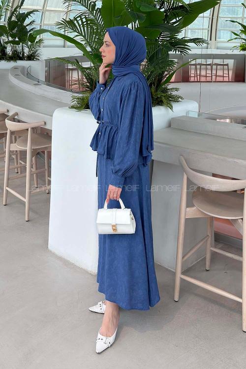 Lamelif Taş Düğmeli Desenli Etekli Takım İndigo