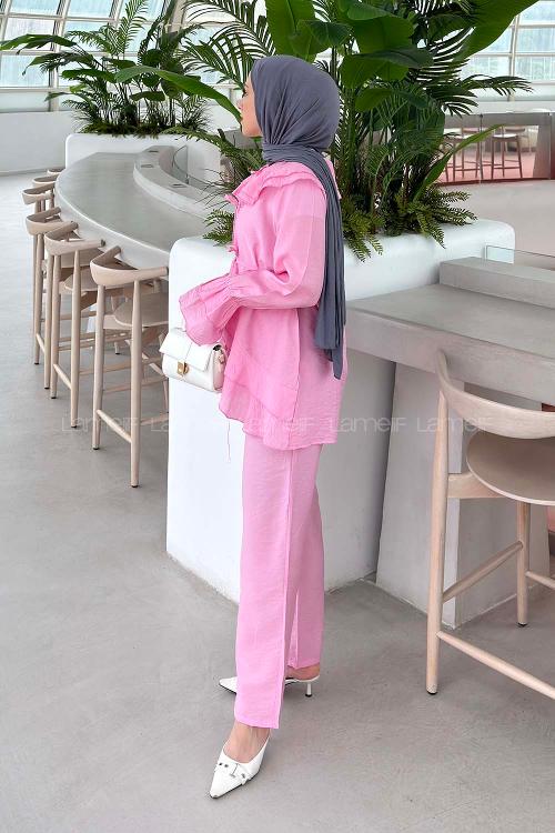 Pink Normal Neck Long Arm Cotton Regular Trousers Comfortable Suit