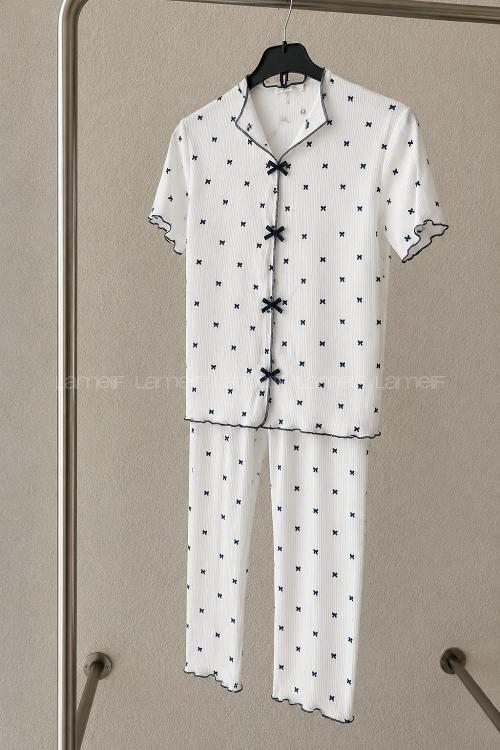 Lamelif Kadın Kurdele Desenli Fiyonk Özel Dikiş Pijama Takımı