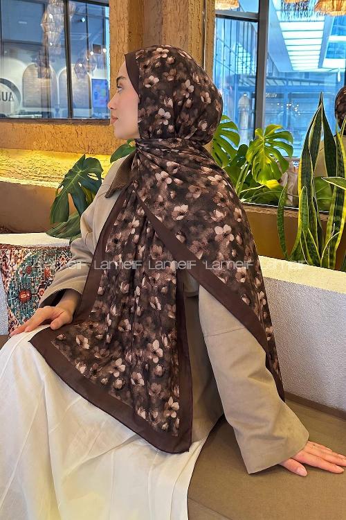 Lamelif Çiçek Desen Lara Soft Şal Acı Kahve