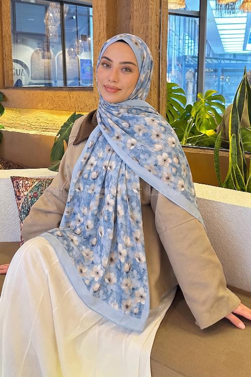 Lamelif Çiçek Desen Lara Soft Şal Bebe Mavisi