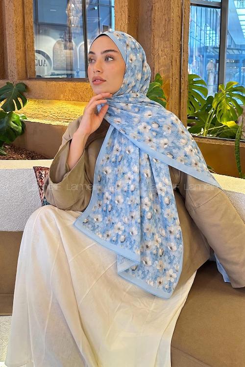 Lamelif Çiçek Desen Lara Soft Şal Bebe Mavisi
