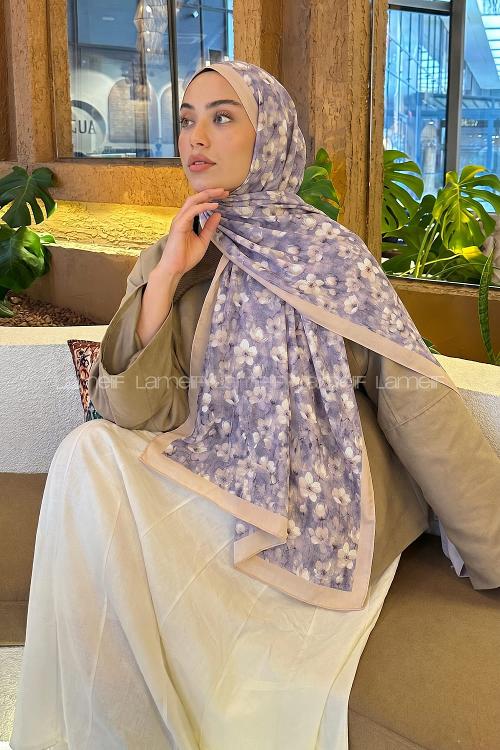 Lamelif Çiçek Desen Lara Soft Şal Lila