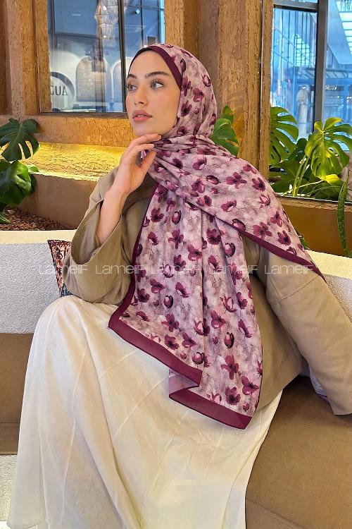 Lamelif Çiçek Desen Lara Soft Şal Mürdüm