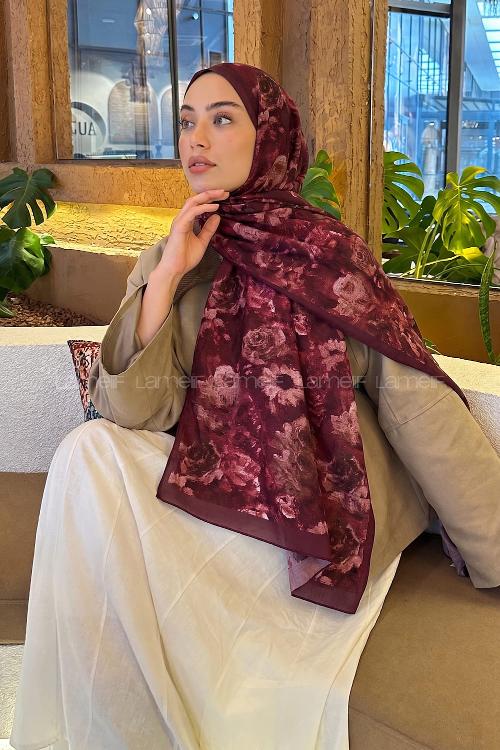 Lamelif Gül Çiçek Desen Lara Soft Şal Bordo