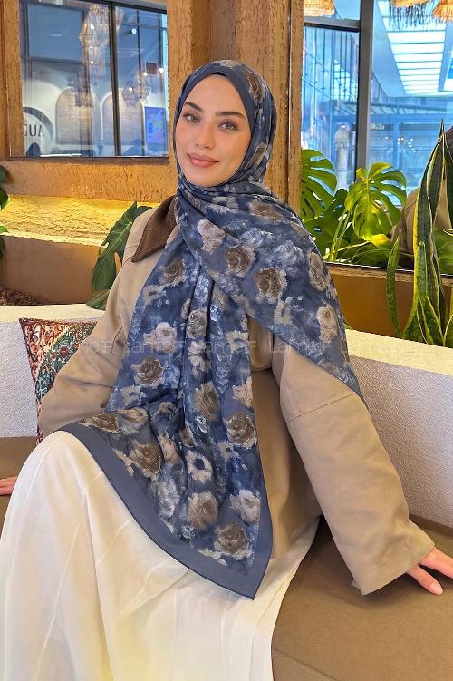 Lamelif Gül Çiçek Desen Lara Soft Şal Kot Mavi