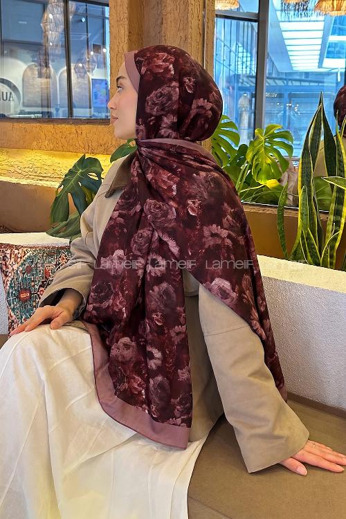 Lamelif Gül Çiçek Desen Lara Soft Şal Koyu Bordo
