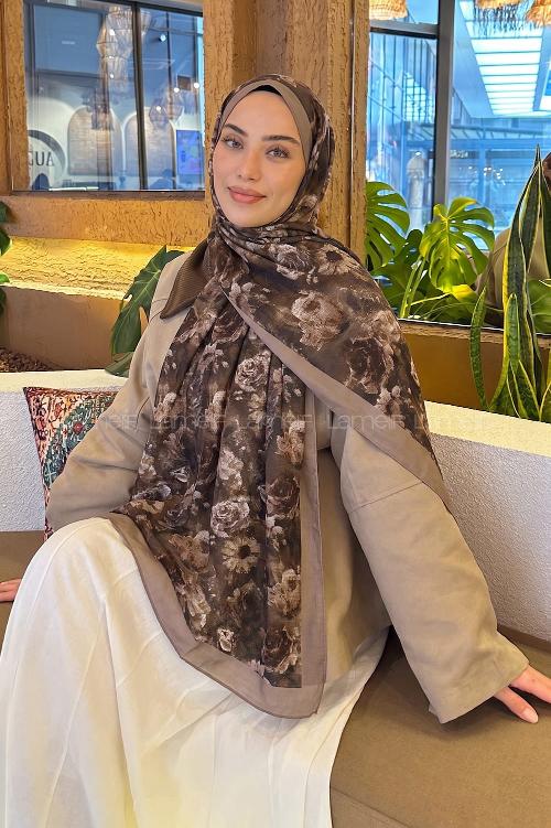 Lamelif Gül Çiçek Desen Lara Soft Şal Koyu Yeşil