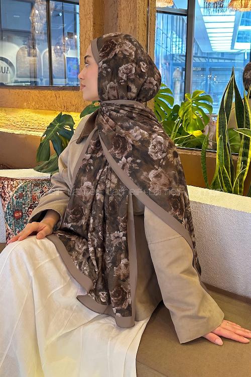 Lamelif Gül Çiçek Desen Lara Soft Şal Koyu Yeşil