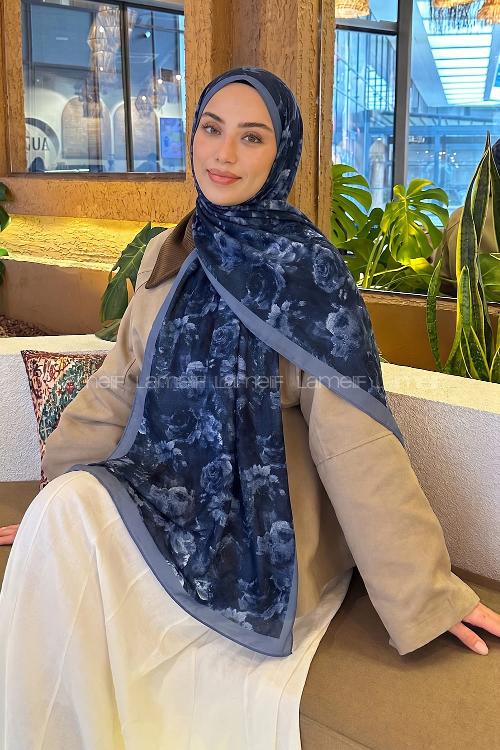 Lamelif Gül Çiçek Desen Lara Soft Şal Lacivert