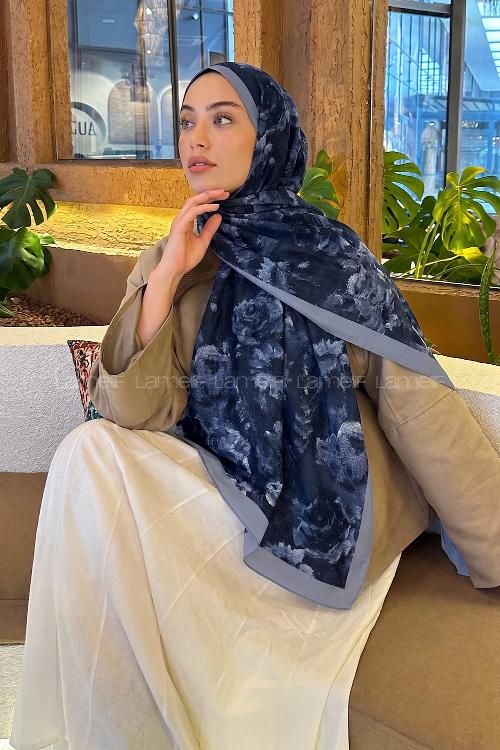 Lamelif Gül Çiçek Desen Lara Soft Şal Lacivert