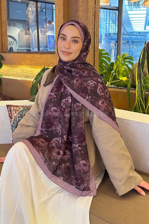 Lamelif Gül Çiçek Desen Lara Soft Şal Mürdüm