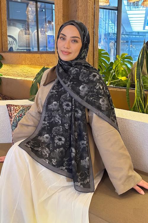 Lamelif Gül Çiçek Desen Lara Soft Şal Siyah