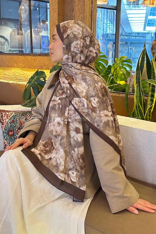 Lamelif Gül Çiçek Desen Lara Soft Şal Toprak