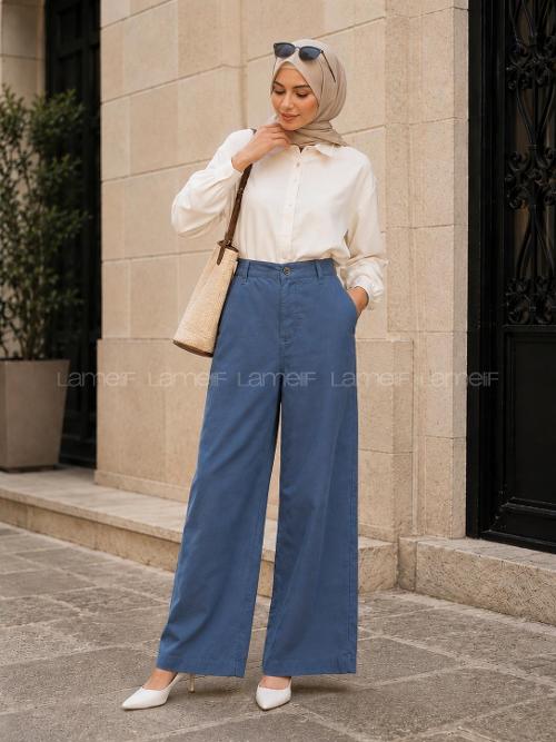 Blue Linen High Waist Comfortable Pants