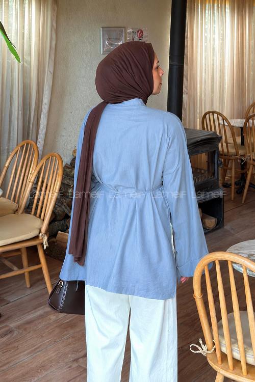 Lamelif Bağlama Detaylı Yırtmaçlı Gömlek Bebe Mavisi