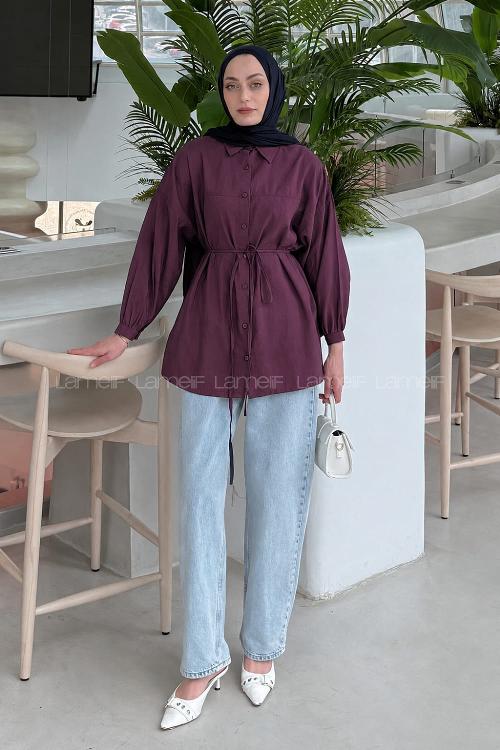 Lamelif Bağlamalı Gömlek Mürdüm