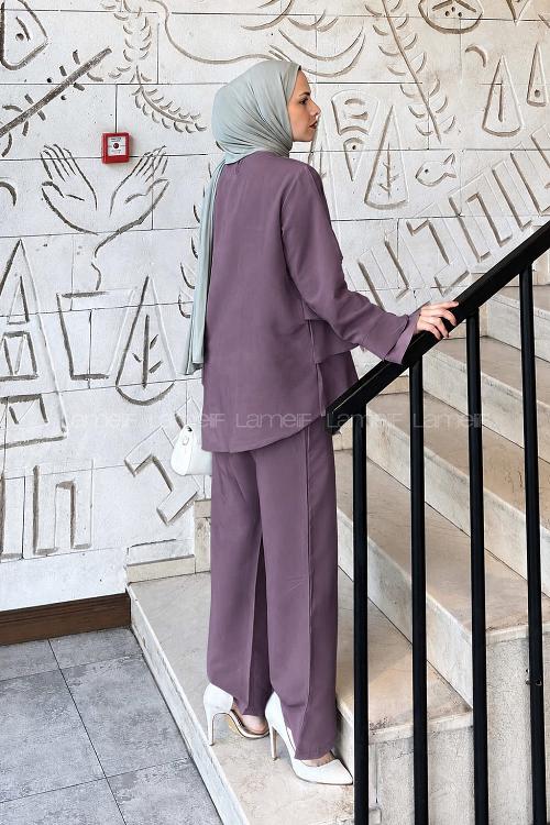 Lamelif Kat Detaylı Pantolonlu Takım Mürdüm