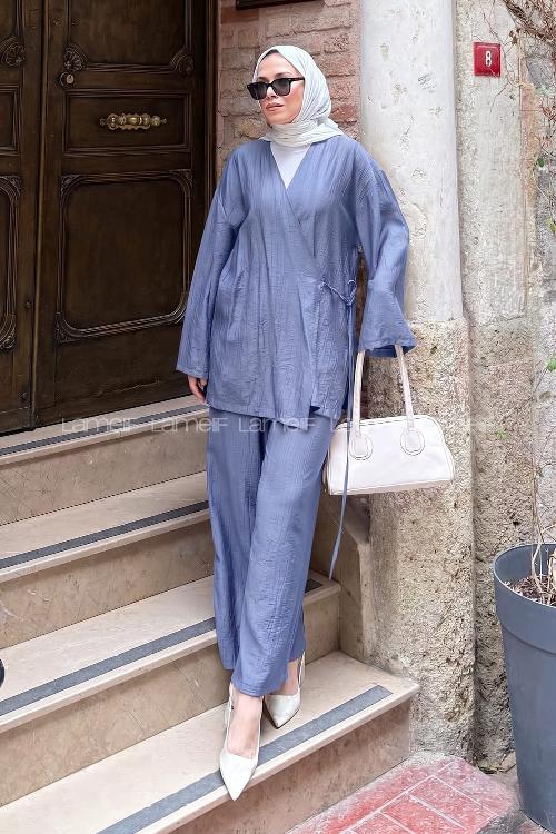 Lamelif Kimono-Pantolon Takım Bebe Mavisi