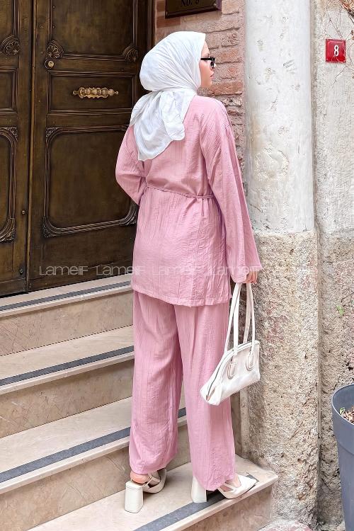 Lamelif Kimono-Pantolon Takım Şeker Pembesi